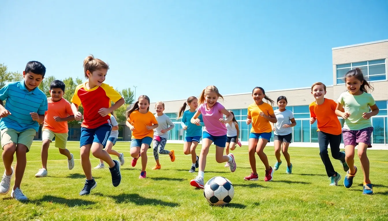 diverse children participating in a physical education class outdoors.