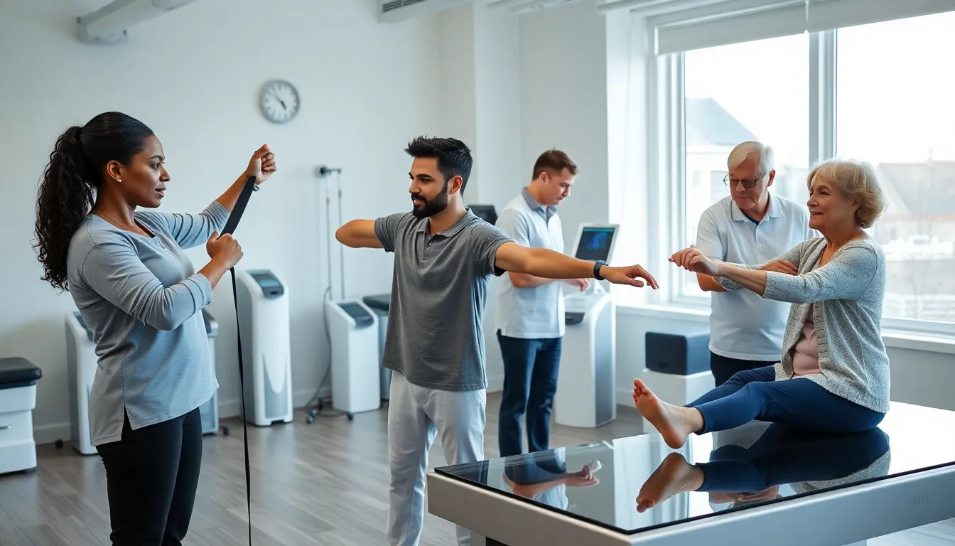 diverse physical therapy team assisting patients in a modern clinic.