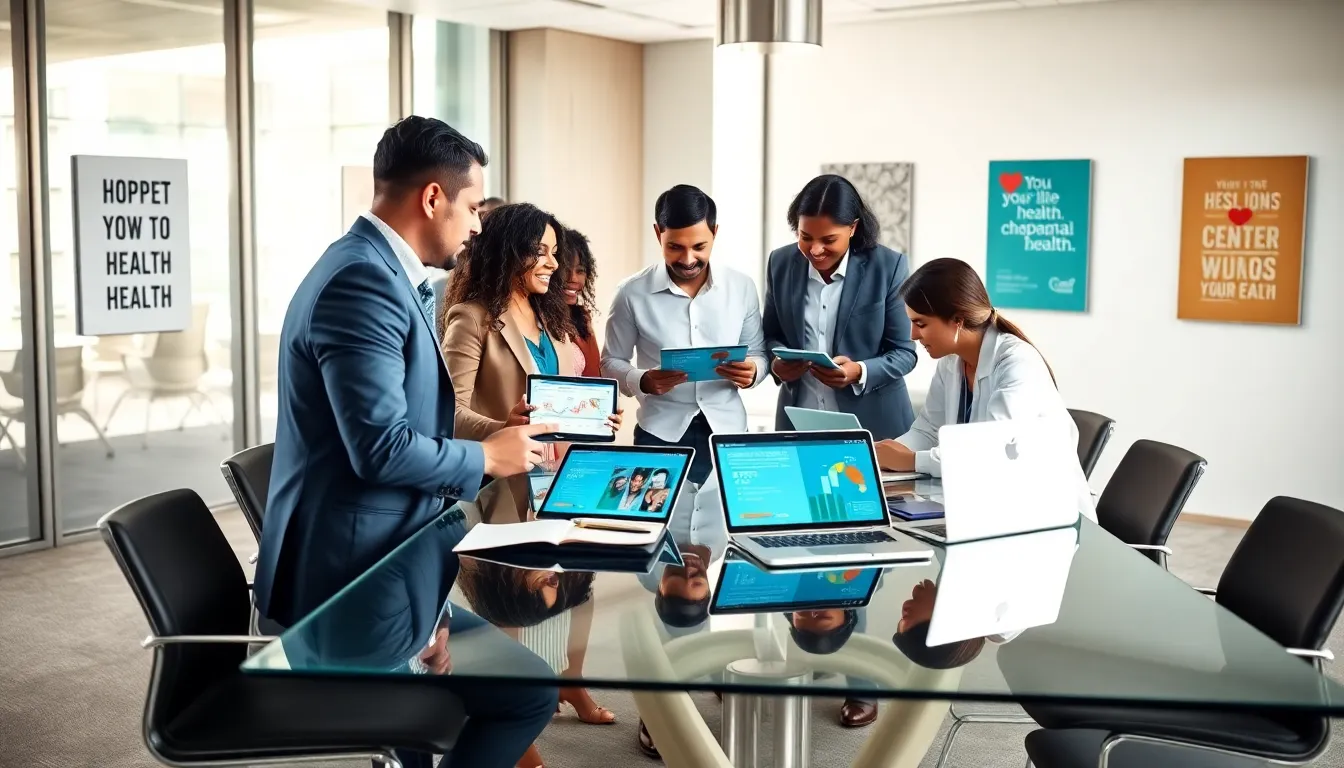 diverse professionals collaborating in a modern health-focused workspace.