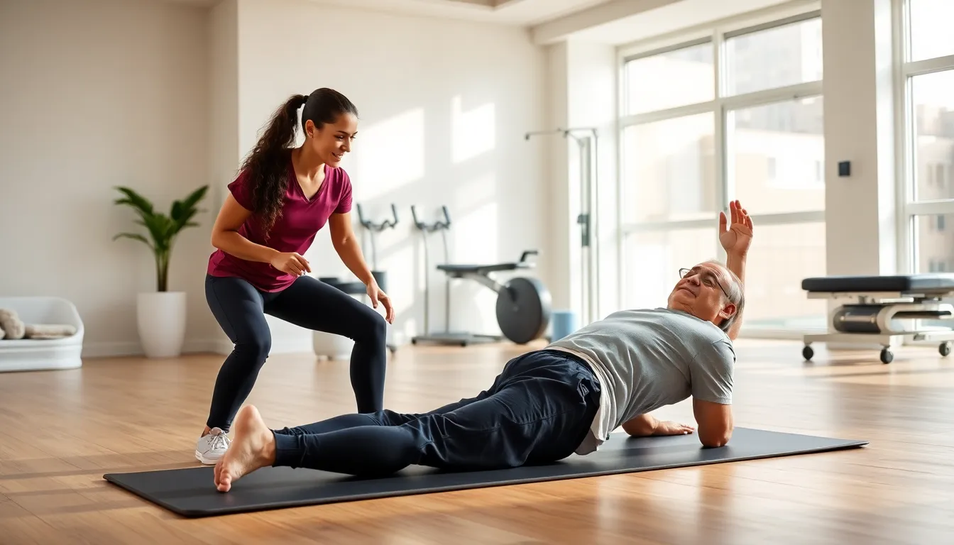 female therapist assisting a male patient with pelvic health exercises.