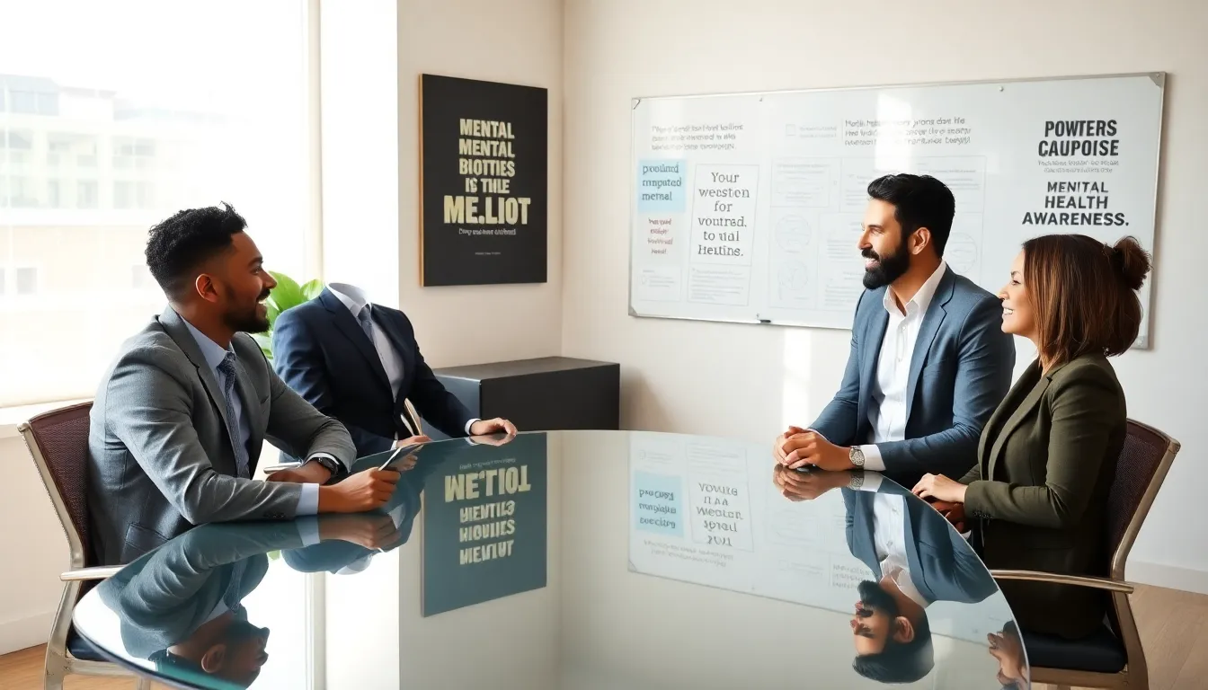 diverse team discussing mental health awareness in a modern office.
